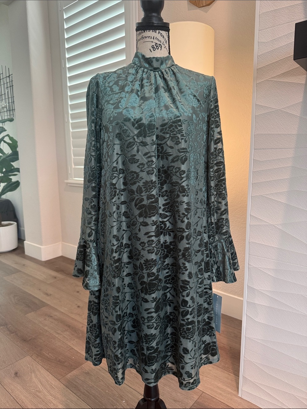 London Times Teal Floral Jacquard High-Neck Swing Dress